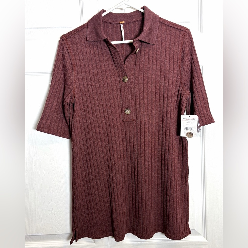Free People Knit Top Heart Strings Short Sleeve Ribbed Shirt Mahogany Size Small - Picture 3 of 10